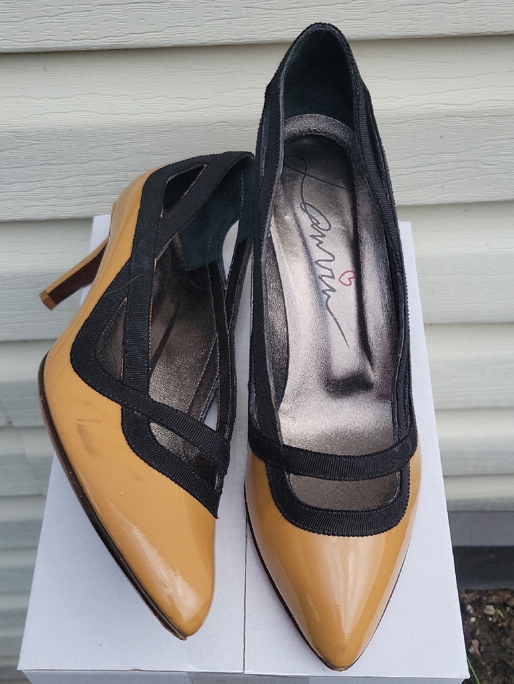 Lanvin Patent Leather Pointed-Toe Pumps with Black Trim size 37.5 US 7.5
